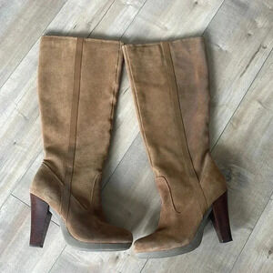 HSN Curations Caramel Tan Leather Suede Heeled Boots Sz 8